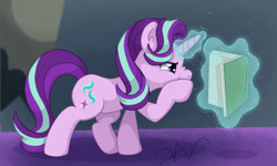 Size: 2000x1200 | Tagged: safe, artist:swasfews, imported from derpibooru, starlight glimmer, book, levitation, magic, reading, scrunchy face, solo, telekinesis