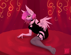 Size: 2240x1716 | Tagged: safe, artist:elektra-gertly, imported from derpibooru, oc, oc only, oc:ellie berryheart, anthro, pegasus, ass, bed, bedroom, black dress, bracelet, butt, clothes, dress, erotica, eyeshadow, flower, flower in hair, glasses, jewelry, lipstick, long ears, long eyelashes, looking at you, makeup, manicure, pink lipstick, purple eyeshadow, red background, romantic, simple background, smiling, smiling at you, socks, solo, stockings, thigh highs, wings