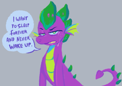 Size: 1011x714 | Tagged: safe, artist:kreeeeeez, imported from derpibooru, spike, dragon, spoiler:g5, spoiler:my little pony: make your mark chapter 6, spoiler:mymc06e01, crying, depressed, eyebrows, frown, g4, g4 to g5, g5, generation leap, gray background, looking at you, male, my little pony: make your mark, my little pony: make your mark chapter 6, simple background, solo, speech bubble, spike (g5), talking, teary eyes, teeth