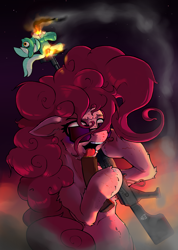 Size: 2600x3650 | Tagged: safe, alternate version, artist:hc0, imported from derpibooru, lyra heartstrings, pinkie pie, pony, assault rifle, fire, gun, lyra plushie, plushie, rifle, sunglasses, weapon