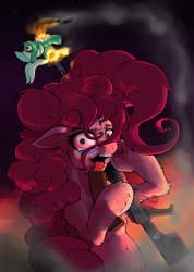 Size: 2600x3650 | Tagged: safe, alternate version, artist:hc0, imported from derpibooru, lyra heartstrings, pinkie pie, pony, assault rifle, fire, gun, lyra plushie, plushie, rifle, weapon