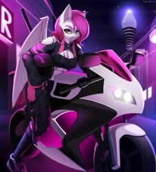 Size: 1964x2160 | Tagged: safe, artist:villjulie, imported from derpibooru, oc, oc only, oc:ellie berryheart, anthro, pegasus, anthro oc, big breasts, biker, breasts, busty oc, city, clothes, costume, cyberpunk, ear fluff, eyebrows, female, folded wings, future, green eyes, helmet, high res, katana, looking at you, motorbike, motorcycle, neon, night, pegasus oc, purple, signature, smiling, smiling at you, solo, sword, weapon, wings