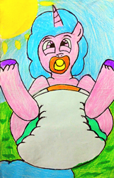 Size: 1975x3058 | Tagged: safe, artist:bitter sweetness, imported from derpibooru, izzy moonbow, pony, unicorn, spoiler:g5, abdl, adult foal, diaper, diaper fetish, fetish, g5, looking at you, looking between legs, my little pony: a new generation, my little pony: make your mark, my little pony: tell your tale, non-baby in diaper, pacifier, poofy diaper, traditional art