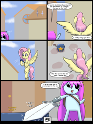 Size: 6000x8000 | Tagged: safe, alternate version, artist:chedx, imported from derpibooru, fluttershy, pegasus, comic:learning with pibby glitch battles, comic, commission, community related, crossover, fanfic, fanfic art, multiverse, pibby, sword, weapon