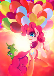 Size: 752x1063 | Tagged: safe, artist:rariedash, imported from derpibooru, gummy, pinkie pie, earth pony, pony, balloon, floating, pet, pet tag, pink background, red background, shiny, simple background, smiling, then watch her balloons lift her up to the sky