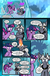 Size: 1567x2351 | Tagged: safe, artist:virmir, imported from twibooru, twilight sparkle, oc, oc:snowmare doom, oc:virmare, alicorn, pony, unicorn, comic:so you've become a pony villain, cape, clothes, cold, comic, dialogue, female, image, magic, mare, png, shadow, twilight sparkle (alicorn), underhoof