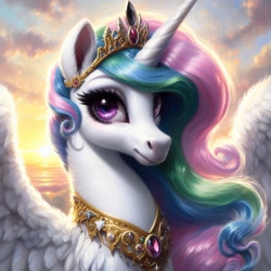 Size: 1024x1024 | Tagged: safe, imported from ponybooru, princess celestia, alicorn, pony, ai content, ai generated, bing, bust, female, jewelry, looking at you, mare, regalia, solo, sunrise, wing fluff