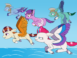 Size: 1280x960 | Tagged: safe, anonymous artist, derpibooru exclusive, imported from derpibooru, pipp petals, zipp storm, pegasus, pony, female, fixed, flying, g5, grin, group, guardsmare, happy, helmet, jewelry, looking down, male, mare, ocean, open mouth, pegasus royal guard, rocky riff, royal guard, royal sisters (g5), siblings, sisters, sky, smiling, spread wings, stallion, teeth, thunder flap, tiara, water, wings, zoom zephyrwing