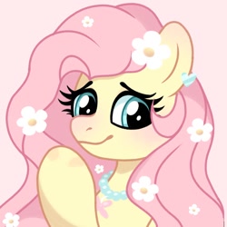 Size: 1080x1080 | Tagged: safe, artist:cstrawberrymilk, imported from derpibooru, fluttershy, pegasus, pony, blushing, bust, cute, eyebrows, female, flower, flower in hair, g4, looking at you, mare, pink background, raised hoof, shyabetes, simple background, smiling, smiling at you, solo