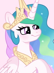 Size: 1080x1440 | Tagged: safe, artist:cstrawberrymilk, imported from derpibooru, princess celestia, alicorn, pony, crown, cute, cutelestia, ethereal mane, female, g4, horn, jewelry, mare, peytral, pink background, regalia, simple background, smiling, solo, wings