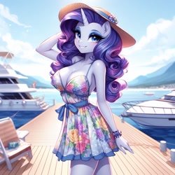 Size: 1024x1024 | Tagged: safe, imported from derpibooru, rarity, anthro, ai content, ai generated, blushing, boat, breasts, busty rarity, cleavage, clothes, dress, female, generator:bing image creator, generator:dall-e 3, hat, looking at you, minidress, ocean, pier, smiling, smiling at you, solo, water, yacht