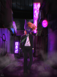 Size: 2816x3792 | Tagged: safe, artist:glotasha, imported from derpibooru, oc, oc only, oc:atlas blaze, anthro, pegasus, city, clothes, costume, cyberpunk, green eyes, green tie, gun, killer, long ears, looking at you, male, muffler, necktie, neon, night, scar, solo, watch, weapon