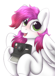 Size: 2056x2832 | Tagged: safe, artist:mariashek, imported from derpibooru, oc, oc only, oc:ellie berryheart, pegasus, pony, camera, female, g4, green eyes, happy, instant camera, solo, wings