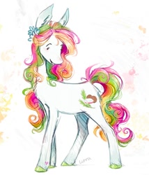Size: 863x1008 | Tagged: safe, artist:lutraviolet, imported from derpibooru, coconut cream, earth pony, pony, chest fluff, female, flower, flower in hair, g3, mare, solo, unshorn fetlocks