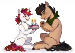 Size: 1754x1240 | Tagged: safe, artist:чертополох, imported from derpibooru, oc, oc only, oc:kosh, oc:vetta, earth pony, pony, unicorn, cake, food, simple background, white background