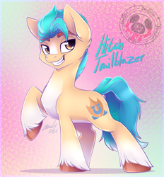 Size: 1895x2040 | Tagged: safe, artist:bloody-pink, artist:bloodypink1, imported from derpibooru, hitch trailblazer, earth pony, pony, blaze (coat marking), coat markings, colored eyebrows, eyebrows, facial markings, g5, grin, looking at you, male, name, raised hoof, smiling, smiling at you, socks (coat markings), solo, stallion, unshorn fetlocks