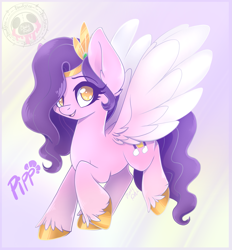 Size: 1895x2040 | Tagged: safe, artist:bloody-pink, imported from derpibooru, pipp petals, pegasus, pony, adorapipp, cute, eye clipping through hair, eyebrows, eyebrows visible through hair, female, g5, looking at you, mare, name, open mouth, open smile, smiling, smiling at you, solo, spread wings, unshorn fetlocks, wings