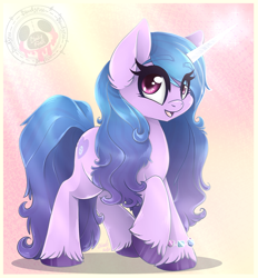 Size: 1895x2040 | Tagged: safe, artist:bloody-pink, artist:bloodypink1, imported from derpibooru, izzy moonbow, pony, unicorn, bracelet, colored eyebrows, cute, eye clipping through hair, eyebrows, eyebrows visible through hair, female, g5, horn, izzybetes, jewelry, looking at you, mare, open mouth, open smile, raised hoof, smiling, smiling at you, solo, unshorn fetlocks, watermark