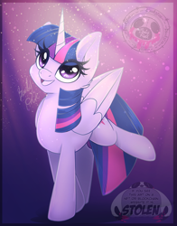 Size: 1940x2480 | Tagged: safe, artist:bloody-pink, imported from derpibooru, twilight sparkle, alicorn, pony, 2022, cute, eye clipping through hair, female, folded wings, g4, high res, horn, mare, open mouth, open smile, raised leg, signature, smiling, solo, twiabetes, twilight sparkle (alicorn), watermark, wings