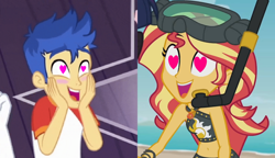 Size: 1250x721 | Tagged: safe, edit, edited screencap, imported from derpibooru, screencap, flash sentry, sunset shimmer, equestria girls, equestria girls series, spring breakdown, unsolved selfie mysteries, spoiler:eqg series (season 2), all good (song), belly button, bikini babe, black bikini, blushing, clothes, cropped, female, g4, hand on face, heart, heart eyes, leather, male, ship:flashimmer, shipping, snorkel, straight, sunset shimmer swimsuit, sunset shimmer's beach shorts swimsuit, swimsuit, wingding eyes