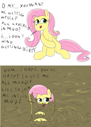 Size: 2000x2792 | Tagged: safe, artist:amateur-draw, imported from derpibooru, fluttershy, pegasus, covered in mud, cute, looking at you, looking back, looking back at you, mud, mud bath, mud play, mud pony, muddy, simple background, solo, text, wet and messy