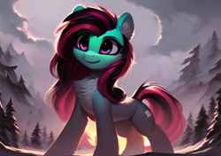 Size: 4096x2880 | Tagged: safe, artist:felisamafeles, derpibooru exclusive, editor:felisamafeles, imported from derpibooru, oc, oc only, oc:felis amafeles catus, earth pony, pony, ai assisted, ai content, ai generated, black mane, chest fluff, cloud, cloudy, dusk, ear fluff, earth pony oc, full body, generator:pony diffusion v5, generator:purplesmart.ai, generator:stable diffusion, pale belly, red mane, scenery, sky, tree