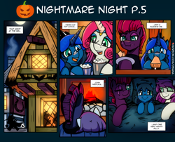 Size: 3508x2834 | Tagged: safe, artist:dsana, imported from derpibooru, fizzlepop berrytwist, tempest shadow, oc, oc:lullaby dusk, oc:thistledown, earth pony, pegasus, pony, unicorn, comic:a storm's lullaby, bed, chocolate, fireplace, food, hot chocolate, in bed, inn, nightmare night, one eye open, pumpkin pie, smiling