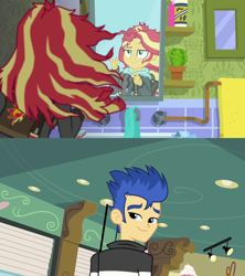 Size: 1280x1440 | Tagged: safe, edit, edited screencap, imported from derpibooru, screencap, flash sentry, sunset shimmer, eqg summertime shorts, equestria girls, equestria girls (movie), monday blues, bathroom, clothes, female, hoodie, looking at you, male, messy hair, mirror, ship:flashimmer, shipping, smiling, straight