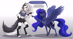 Size: 5500x3000 | Tagged: safe, alternate version, artist:tauts05, imported from derpibooru, princess luna, alicorn, anthro, digitigrade anthro, hellhound, pony, argument, concave belly, crossover, dialogue, gradient background, helluva boss, lacrimal caruncle, looking at each other, looking at someone, loona (helluva boss), muscles, namesake, open mouth, pointing, pun, speech bubble, sternocleidomastoid, visual pun