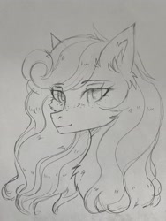 Size: 3024x4032 | Tagged: safe, artist:hysteriana, imported from derpibooru, oc, oc only, oc:megan rouge, pony, chest fluff, ear fluff, eyebrows, eyebrows visible through hair, female, freckles, looking at you, mare, sketch, smiling, solo, traditional art