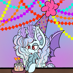 Size: 3000x3000 | Tagged: safe, artist:solardoodles, imported from derpibooru, oc, oc:solar sulfure, bat pony, fluffy pony, insect, moth, mothpony, original species, pony, unicorn, antennae, birthday, birthday cake, cake, candle, chest fluff, ear fluff, fangs, fire, fluffy, food, gradient background, hat, party hat, solo, table