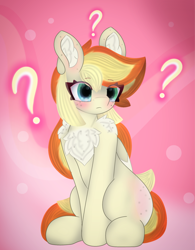 Size: 4096x5264 | Tagged: safe, artist:sodapop sprays, imported from derpibooru, oc, oc only, oc:sodapop sprays, pegasus, pony, chest fluff, confused, ear fluff, eye clipping through hair, freckles, no cutie marks because im lazy, question mark, sitting, solo