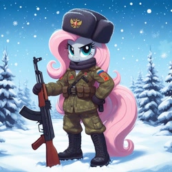 Size: 1024x1024 | Tagged: safe, imported from derpibooru, oc, oc only, anthro, ai content, ai generated, ak-47, assault rifle, boots, camouflage, clothes, female, generator:bing image creator, generator:dall-e 3, gloves, gun, hat, military, military uniform, not fluttershy, outdoors, rifle, russia, shoes, snow, snowfall, soldier, solo, spetsnaz, tree, uniform, ushanka, weapon