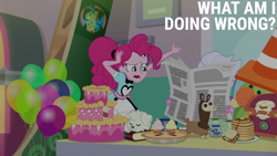 Size: 2000x1125 | Tagged: safe, edit, edited screencap, editor:quoterific, imported from derpibooru, screencap, pinkie pie, equestria girls, equestria girls series, five stars, spoiler:eqg series (season 2), balloon, book, cake, food, newspaper, pancakes, pie, sandwich, server pinkie pie, traffic cone