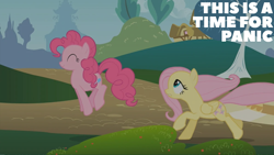 Size: 2000x1125 | Tagged: safe, edit, edited screencap, editor:quoterific, imported from derpibooru, screencap, fluttershy, pinkie pie, earth pony, pegasus, pony, dragonshy, duo, duo female, female, mare, pronking, running