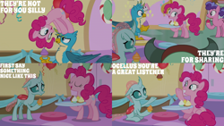 Size: 2000x1125 | Tagged: safe, edit, edited screencap, editor:quoterific, imported from derpibooru, screencap, berry blend, berry bliss, gallus, ocellus, pinkie pie, yona, changeling, earth pony, griffon, pony, yak, marks for effort, balloon, female, friendship student, male, mare, school of friendship