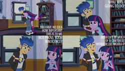 Size: 2000x1125 | Tagged: safe, edit, edited screencap, editor:quoterific, imported from derpibooru, screencap, flash sentry, twilight sparkle, equestria girls, equestria girls (movie), book, bookshelf