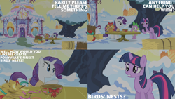 Size: 2000x1125 | Tagged: safe, edit, edited screencap, editor:quoterific, imported from derpibooru, screencap, rarity, spike, twilight sparkle, dragon, pony, unicorn, winter wrap up, bird nest, bow, carousel boutique, female, hay, hay bale, male, mare, nest, snow, tree, unicorn twilight, winter, winter wrap up vest