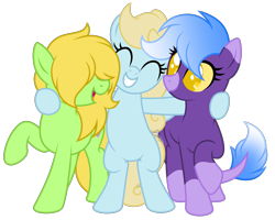 Size: 3405x2718 | Tagged: safe, artist:feather_bloom, imported from derpibooru, oc, oc:buttercream flow, oc:gingerpop, oc:starfall, earth pony, original species, pegasus, pony, derpibooru community collaboration, 2024 community collab, best friends, bipedal, hair over eyes, happy, simple background, standing on two hooves, transparent background, trio