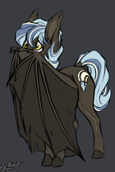 Size: 2000x3000 | Tagged: safe, artist:stardustspix, imported from derpibooru, oc, oc:comet coma, bat pony, pony, bat wings, cute, ear fluff, eye clipping through hair, eyebrows, eyebrows visible through hair, gray background, high res, looking up, male, multicolored hair, ocbetes, scar, simple background, solo, stallion, tattered, tattered wings, wings