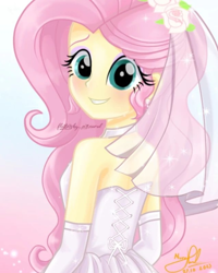 Size: 1080x1348 | Tagged: safe, artist:fluttershy_art.nurul, imported from derpibooru, fluttershy, human, series:romantic and jackass, series:romantic stories, equestria girls, equestria girls series, clothes, dress, g4, just married, marriage, married, simple background, solo, wedding, wedding dress