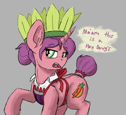 Size: 1455x1328 | Tagged: safe, anonymous artist, imported from twibooru, carrot bun, pony, unicorn, annoyed, annoyed look, apron, apron only, carrot, carrot dog, clothes, crown, cutie mark, dialogue, employee, female, food, gray background, green eyes, hair bun, image, jewelry, leaf, leaf crown, mare, pink coat, png, purple mane, purple tail, raised leg, regalia, rose coat, simple background, solo, tail bun, text, tired, unamused, vendor