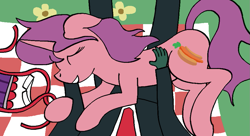 Size: 975x530 | Tagged: safe, anonymous artist, imported from twibooru, carrot bun, oc, oc:anon, human, pony, unicorn, apron, carrot, carrot dog, clothes, cutie mark, embrace, embracing, eyes closed, female, food, happy, horn, human on pony snuggling, image, mare, petting, petting her, pink coat, png, purple mane, purple tail, resting, resting on lap, rose coat, smiling, snuggling, solo
