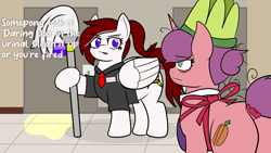 Size: 3840x2160 | Tagged: safe, anonymous artist, imported from twibooru, carrot bun, oc, oc:manajerk, pegasus, pony, unicorn, annoyed, annoyed look, apron, apron only, black shirt, carrot, carrot dog, clothes, crown, cutie mark, dark red mane, dark red tail, dialogue, employee, female, food, from behind, green eyes, grey hair, hair bun, holding, holding object, image, jewelry, joke, leaf, leaf crown, manager, mare, mop, order, ordering, pink coat, png, purple eyes, purple mane, purple tail, raised leg, rear view, red mane, red tail, red tie, regalia, rose coat, shirt, tail bun, text, tired, unamused, vendor, white coat