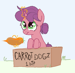 Size: 453x444 | Tagged: safe, anonymous artist, imported from twibooru, carrot bun, pony, unicorn, aged down, carrot, carrot dog, female, filly, foal, food, food stand, glowing horn, grass, green eyes, hair bun, happy, hooves on the table, horn, image, levitation, levitation spell, magic, magic aura, mare, misspelling, png, smiling, solo, stand, telekinesis, text, vendor, vendor booth, vendor stall, younger