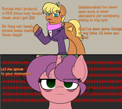 Size: 4824x4320 | Tagged: safe, anonymous artist, imported from twibooru, carrot bun, ms. harshwhinny, earth pony, pony, unicorn, bags under eyes, close-up, clothes, crown, cup, customer, customer service, cutie mark, dialogue, ear piercing, earring, face, female, green eyes, image, internal screaming, jewelry, karen, leaf, leaf crown, mare, piercing, png, purple mane, purple tail, raised hoof, raised leg, regalia, scarf, screaming, suffering, suit, text, thousand yard stare, tired, trophy, turquoise eyes, yellow mane, yellow tail