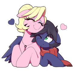 Size: 2400x2299 | Tagged: safe, artist:thebatfang, oc, oc only, oc:fenris ebonyglow, oc:kara waypoint, earth pony, pegasus, pony, clothes, eyes closed, eyeshadow, fangs, heart, hug, jewelry, makeup, necklace, one eye closed, scarf, simple background, snuggling, transparent background, winghug