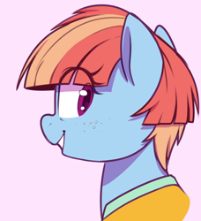 Size: 1012x1111 | Tagged: safe, artist:thebatfang, windy whistles, pegasus, pony, bust, female, freckles, looking at you, looking back, looking back at you, mare, pink background, portrait, simple background, smiling, solo