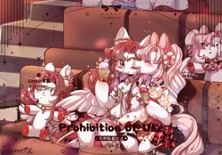 Size: 2200x1529 | Tagged: safe, artist:qamar, imported from derpibooru, oc, oc only, earth pony, pegasus, pony, clothes, duo, female, food, headdress, ice cream, jewelry, lesbian, oc x oc, peytral, plushie, shipping, skirt, strawberry, theater