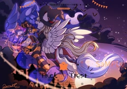 Size: 2048x1423 | Tagged: safe, artist:qamar, imported from derpibooru, princess luna, oc, alicorn, bat, pony, alicorn oc, bowtie, broom, canon x oc, clothes, costume, female, flying, flying broomstick, full moon, halloween, halloween costume, hat, holiday, horn, lesbian, moon, skirt, socks, spread wings, stars, stockings, striped socks, thigh highs, wings, witch costume, witch hat